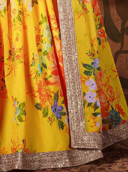 Yellow Digital Printed Organza Silk Wedding Lehenga Choli With Orange Blouse - Zeel Clothing