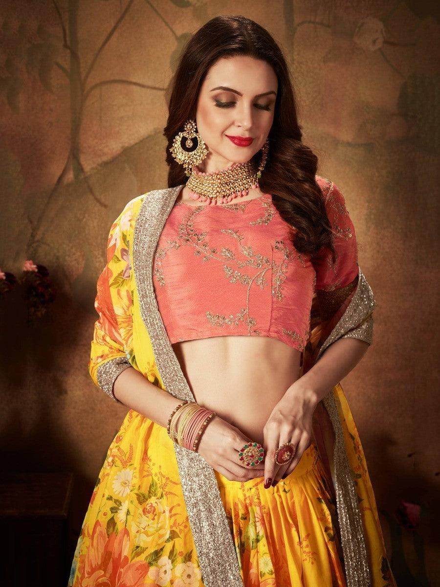 Yellow Digital Printed Organza Silk Wedding Lehenga Choli With Orange Blouse - Zeel Clothing