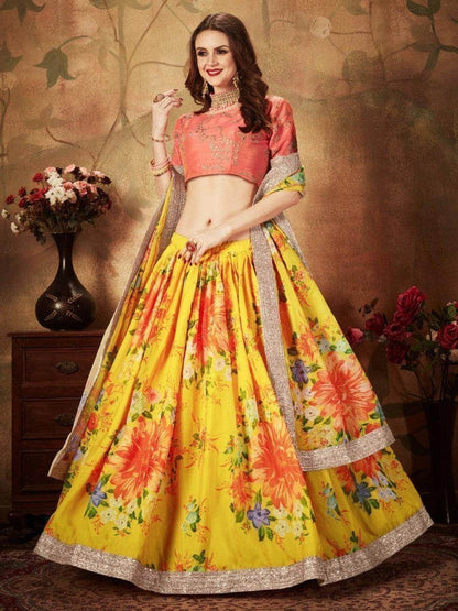 Yellow Digital Printed Organza Silk Wedding Lehenga Choli With Orange Blouse - Zeel Clothing