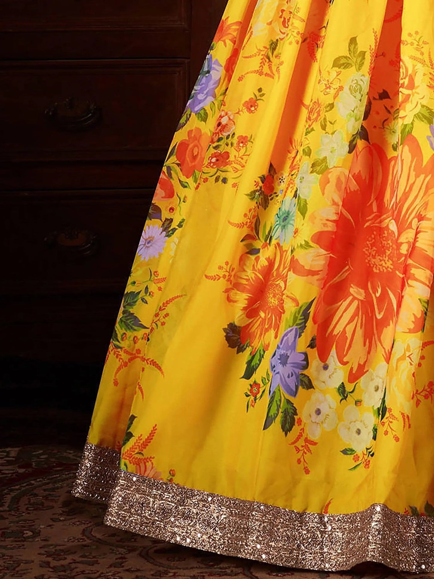 Yellow Digital Printed Organza Silk Wedding Lehenga Choli With Orange Blouse - Zeel Clothing