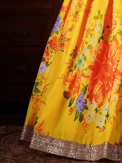 Yellow Digital Printed Organza Silk Wedding Lehenga Choli With Orange Blouse - Zeel Clothing