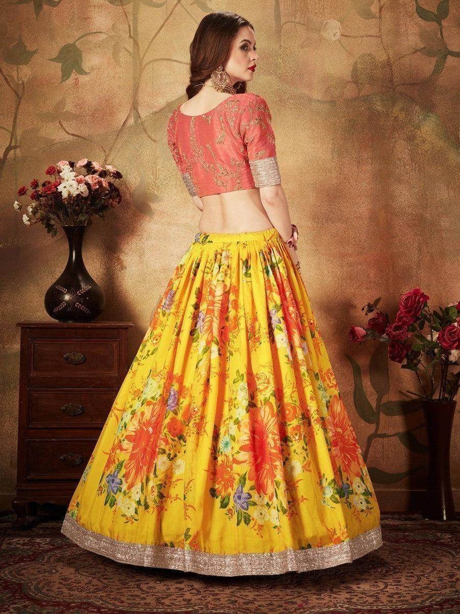 Yellow Digital Printed Organza Silk Wedding Lehenga Choli With Orange Blouse - Zeel Clothing