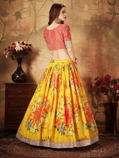 Yellow Digital Printed Organza Silk Wedding Lehenga Choli With Orange Blouse - Zeel Clothing