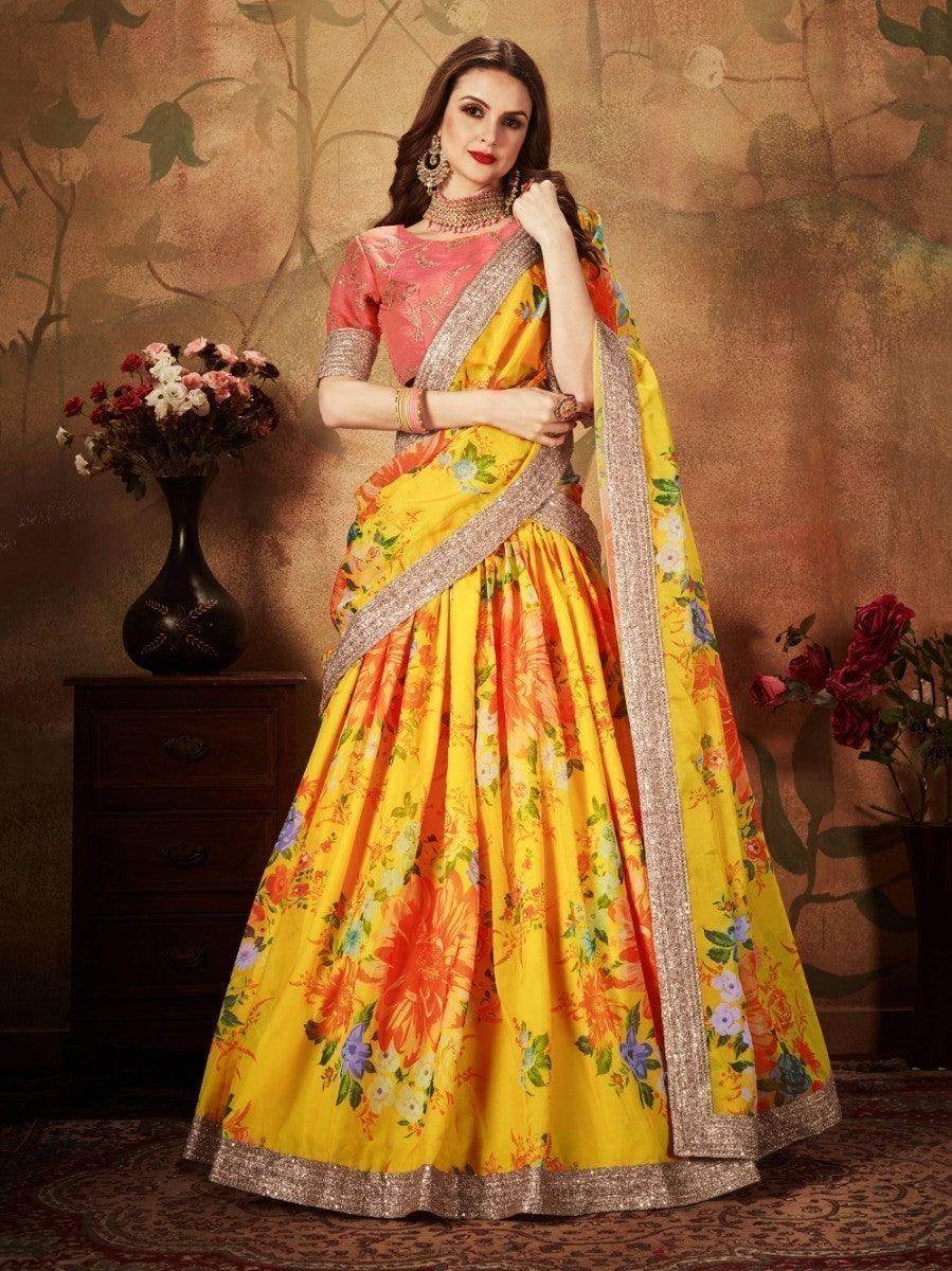 Yellow Digital Printed Organza Silk Wedding Lehenga Choli With Orange Blouse - Zeel Clothing