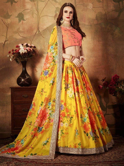 Yellow Digital Printed Organza Silk Wedding Lehenga Choli With Orange Blouse - Zeel Clothing