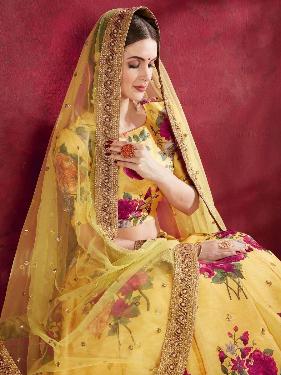 Yellow Floral Print Banglori Silk Haldi Wear Lehenga Choli - Zeel Clothing