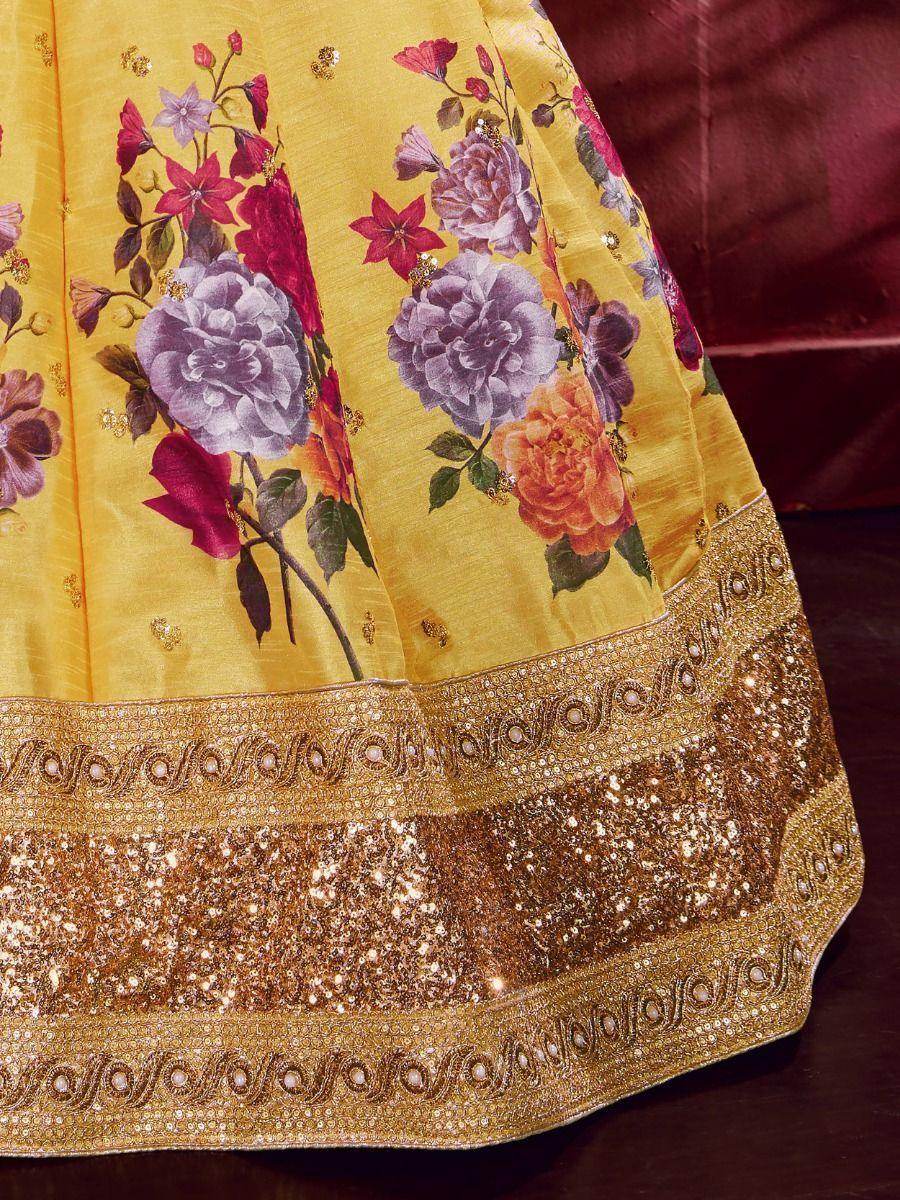 Yellow Floral Print Banglori Silk Haldi Wear Lehenga Choli - Zeel Clothing