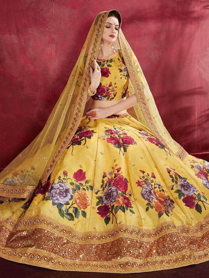 Yellow Floral Print Banglori Silk Haldi Wear Lehenga Choli - Zeel Clothing