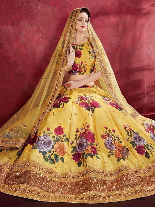 Yellow Floral Print Banglori Silk Haldi Wear Lehenga Choli - Zeel Clothing