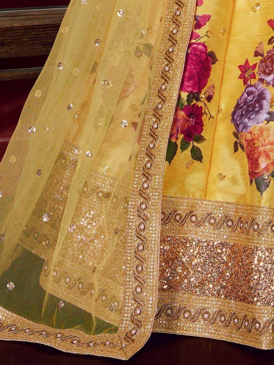 Yellow Floral Print Banglori Silk Haldi Wear Lehenga Choli - Zeel Clothing