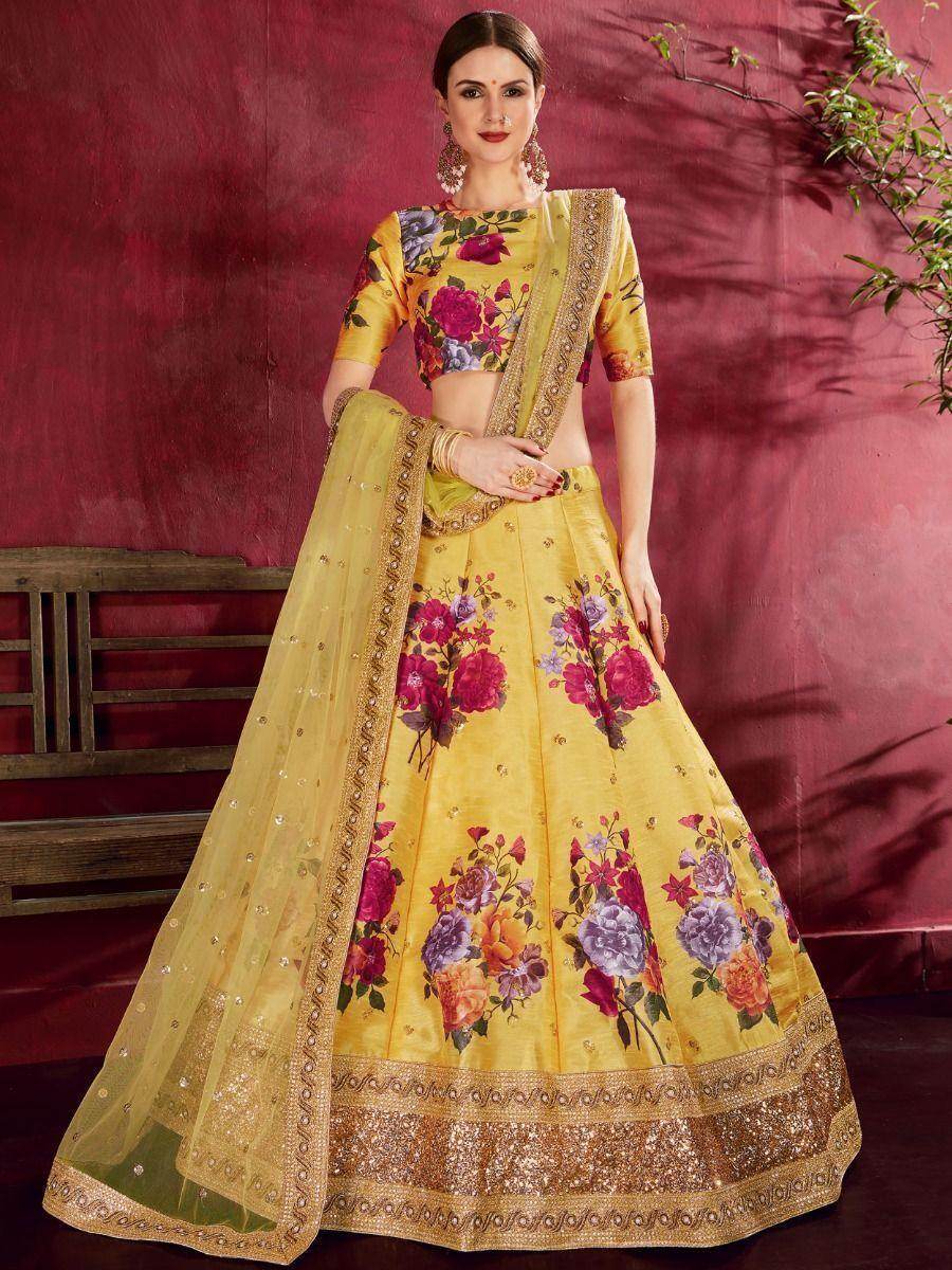 Yellow Floral Print Banglori Silk Haldi Wear Lehenga Choli - Zeel Clothing