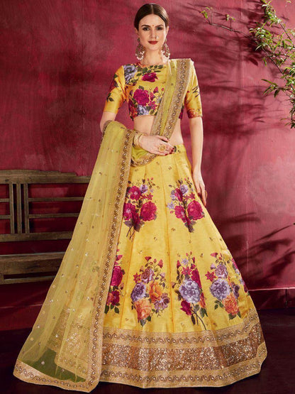 Yellow Floral Print Banglori Silk Haldi Wear Lehenga Choli - Zeel Clothing