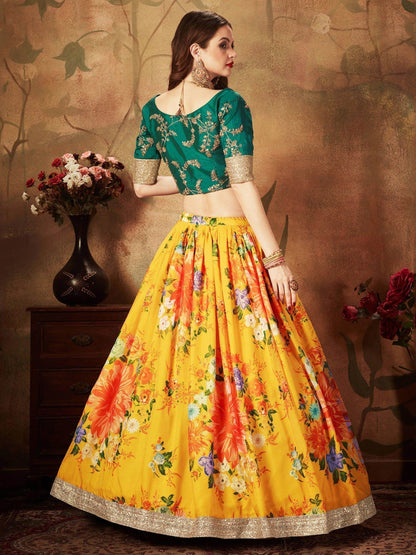 Yellow-Green Floral Digital Printed Organza Bridal Lehenga Choli - Zeel Clothing