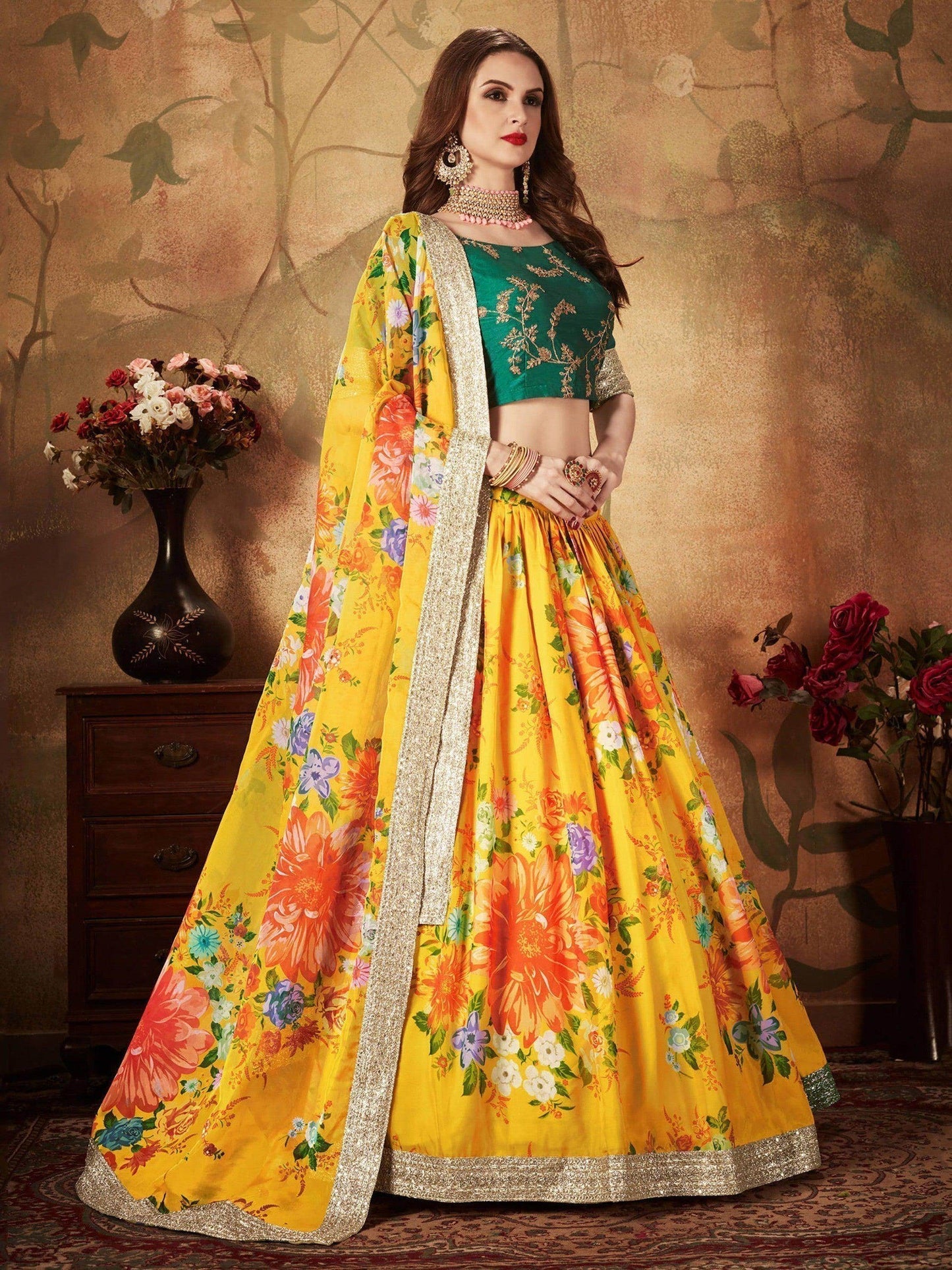 Yellow-Green Floral Digital Printed Organza Bridal Lehenga Choli - Zeel Clothing
