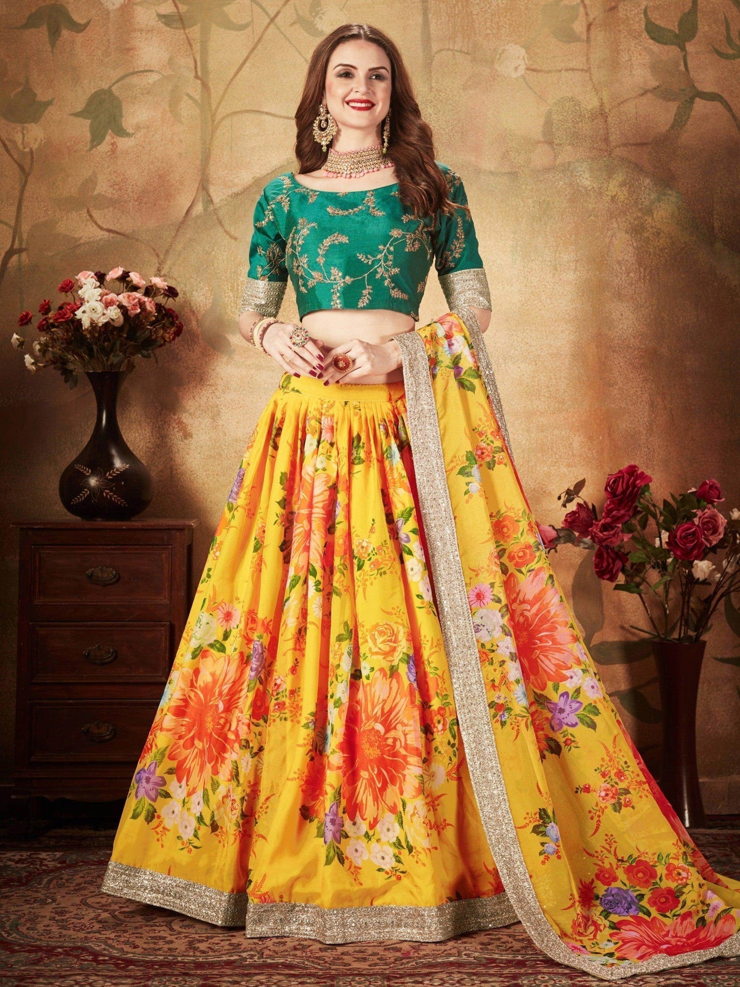 Yellow-Green Floral Digital Printed Organza Bridal Lehenga Choli - Zeel Clothing