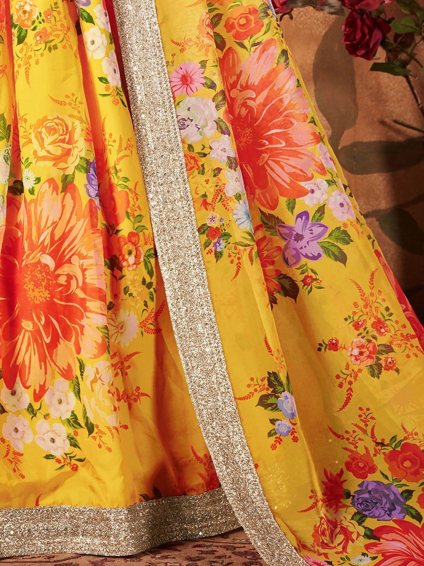 Yellow-Green Floral Digital Printed Organza Bridal Lehenga Choli - Zeel Clothing