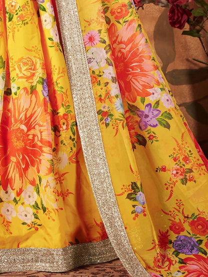 Yellow-Green Floral Digital Printed Organza Bridal Lehenga Choli - Zeel Clothing