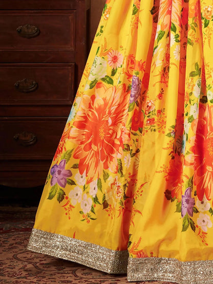 Yellow-Green Floral Digital Printed Organza Bridal Lehenga Choli - Zeel Clothing