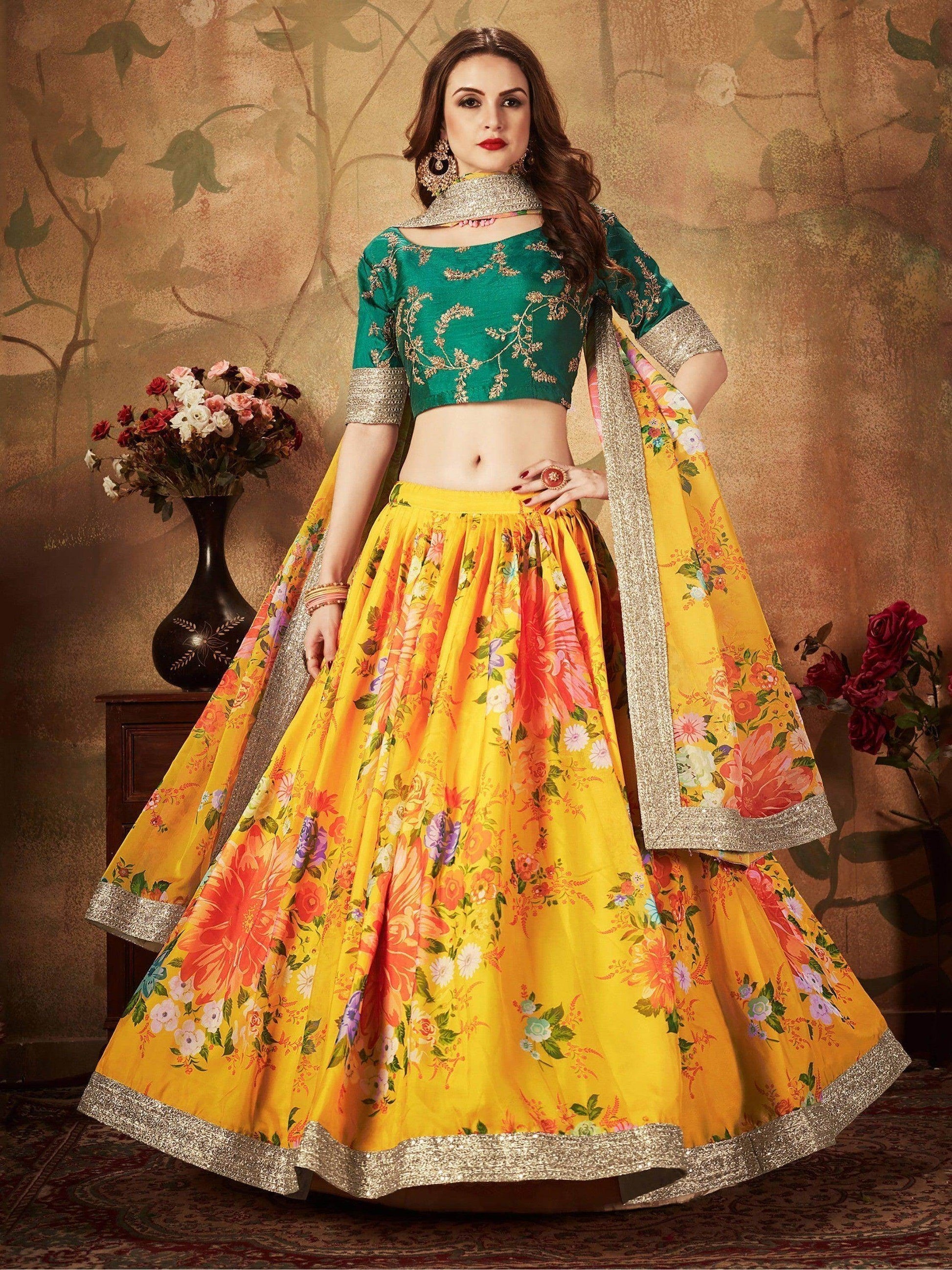 Yellow-Green Floral Digital Printed Organza Bridal Lehenga Choli - Zeel Clothing