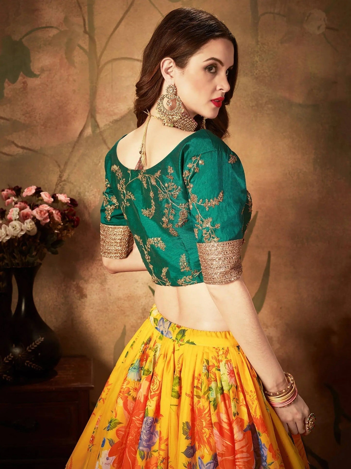 Yellow-Green Floral Digital Printed Organza Bridal Lehenga Choli - Zeel Clothing
