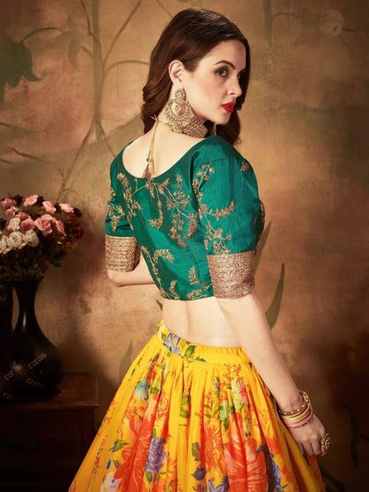 Yellow-Green Floral Digital Printed Organza Bridal Lehenga Choli - Zeel Clothing