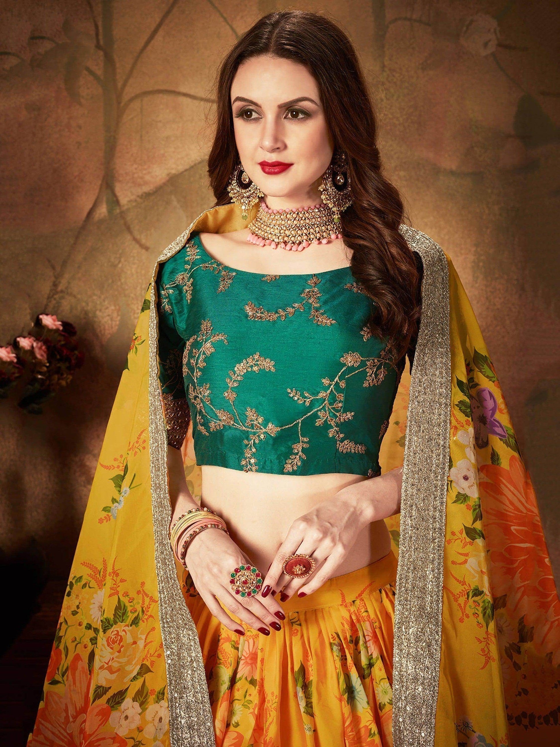 Yellow-Green Floral Digital Printed Organza Bridal Lehenga Choli - Zeel Clothing