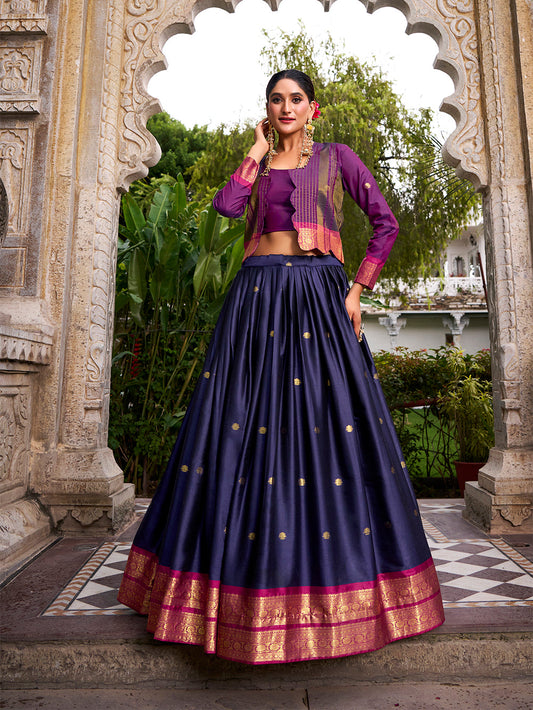 Navy Blue Color Zari Weaving Work Poly Cotton Lehenga Choli