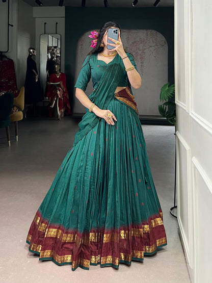 Teal Color Zari Weaving Work Chanderi Lehenga Choli