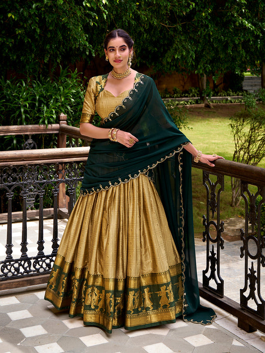 Cream Color Zari Weaving Work Poly Cotton Lehenga Choli