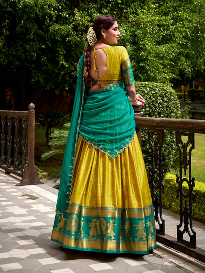 Yellow Color Zari Weaving Work Poly Cotton Lehenga Choli