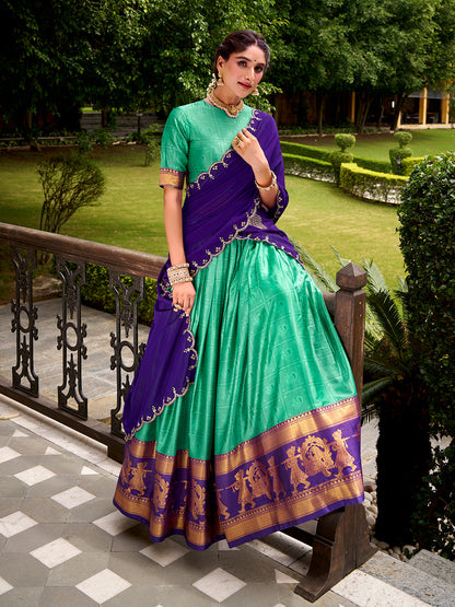 Bottle Green Color Zari Weaving Work Poly Cotton Lehenga Choli