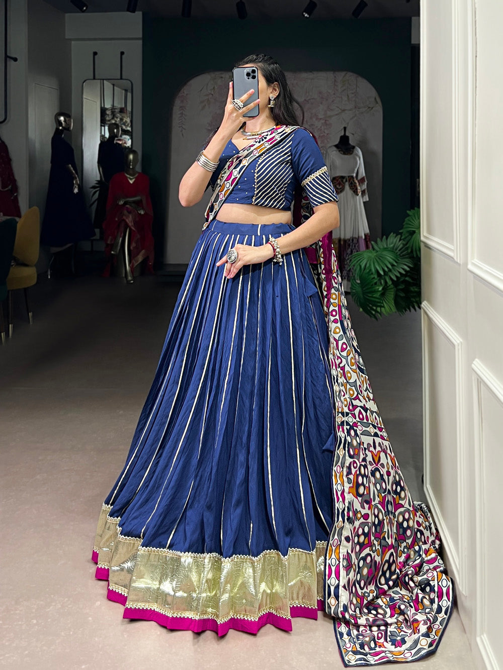 Firozi Color Zari Weaving Work With Embossed Design Chanderi Lehenga Choli