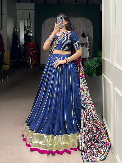 Firozi Color Zari Weaving Work With Embossed Design Chanderi Lehenga Choli
