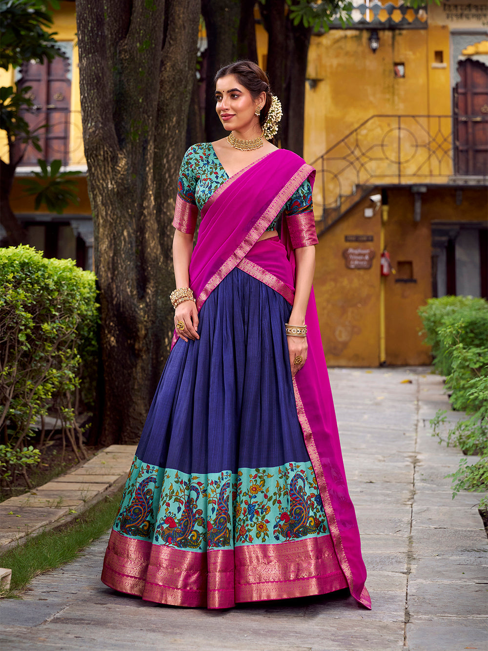 Navy Blue Color Printed With Zari Weaving Work Astha Silk Lehenga Choli