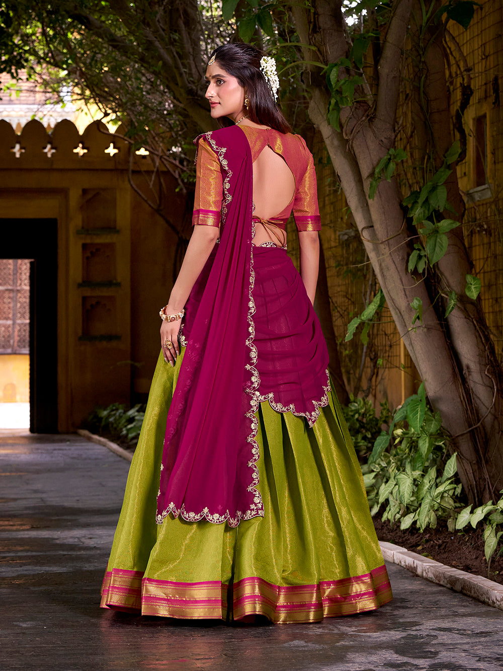 Rani Pink Color Sequince And Thread Embroidery Work Kanchipuram Lehenga Choli