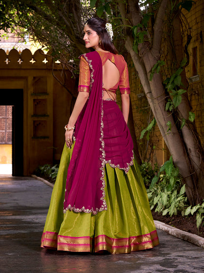 Rani Pink Color Sequince And Thread Embroidery Work Kanchipuram Lehenga Choli